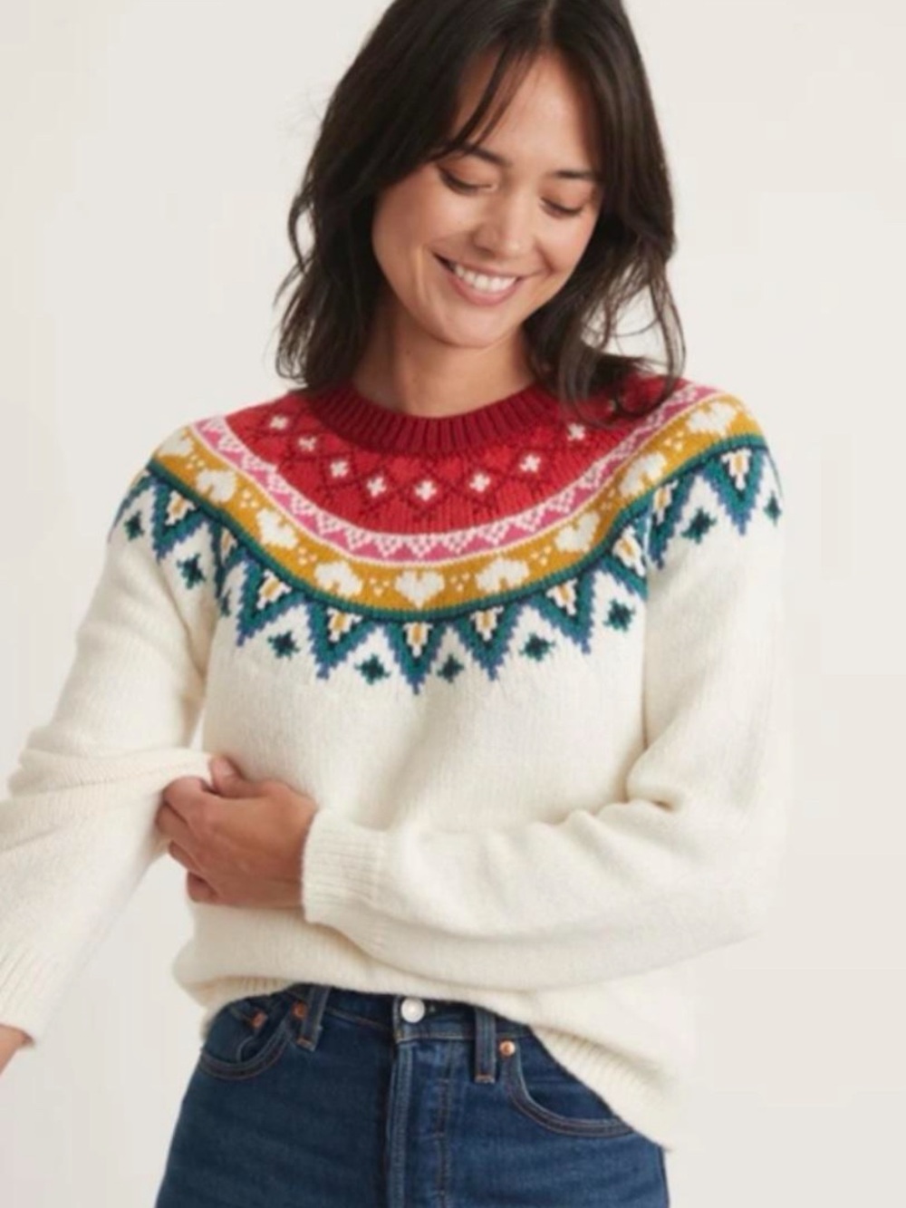 Marine Layer Alpine Fair Isle Sweater, Cream with Rainbow Yoke, Alpaca Blend, XS